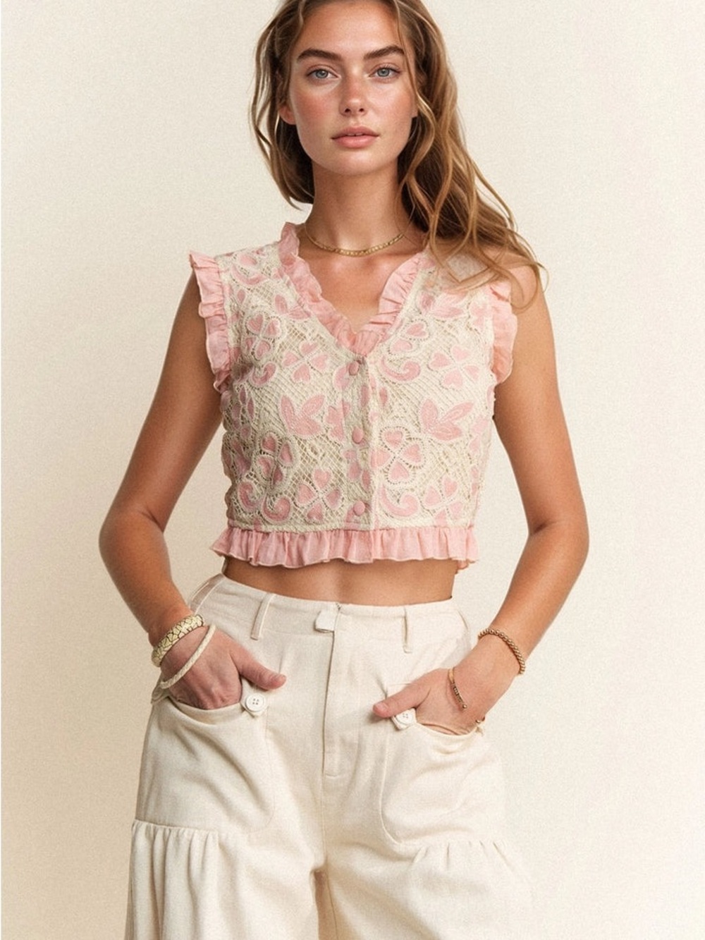 DAVI & DANI Pink Crochet Ruffle V-Neck Crop Top